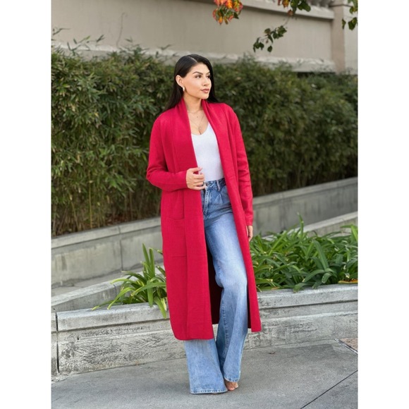 Longline Open Front Cardigan Red Duster Knit Sweater Women - Picture 4 of 7